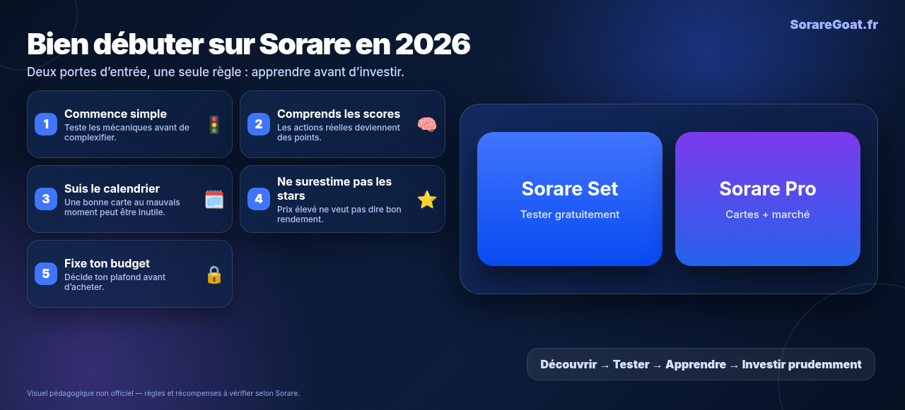 Infographie SorareGoat : bien débuter sur Sorare en 2026 avec Sorare Set et Sorare Pro