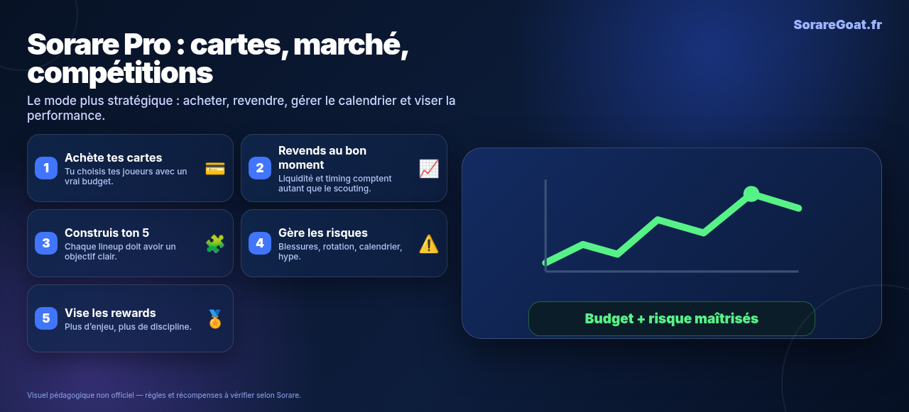 Infographie SorareGoat : fonctionnement de Sorare Pro, cartes, marché et compétitions