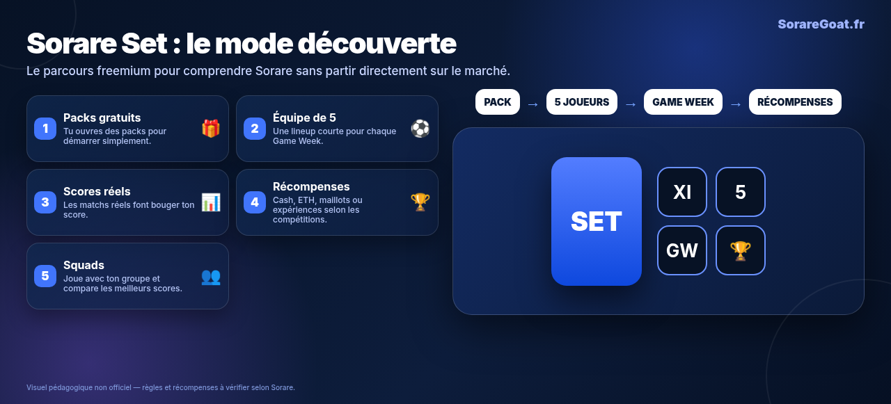 Infographie SorareGoat : fonctionnement de Sorare Set, packs, lineups et récompenses